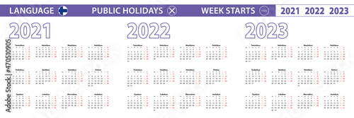 Simple calendar template in Finnish for 2021, 2022, 2023 years. Week starts from Monday.