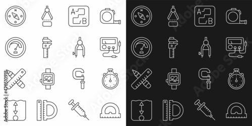 Set line Protractor, Stopwatch, Multimeter, voltmeter, Route location, Calliper caliper and scale, Speedometer, Compass and Drawing compass icon. Vector