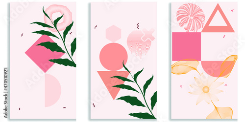 Social media covers with simple design elements . Boho style . Leaves . Post frame stories templates.  Layout for promotion .Media banner .Vector