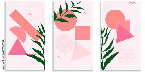 Social media covers with simple design elements . Boho style . Leaves . Post frame stories templates.  Layout for promotion .Media banner .Vector