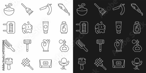 Set line Barbershop chair, Aftershave, Bottle of shampoo, Straight razor, soap with foam, pole, Washbasin and Cream cosmetic tube icon. Vector