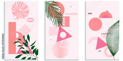 Social media covers with simple design elements . Boho style . Leaves . Post frame stories templates.  Layout for promotion .Media banner .Vector