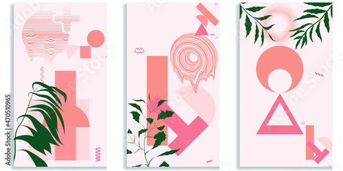 Social media covers with simple design elements . Boho style . Leaves . Post frame stories templates.  Layout for promotion .Media banner .Vector