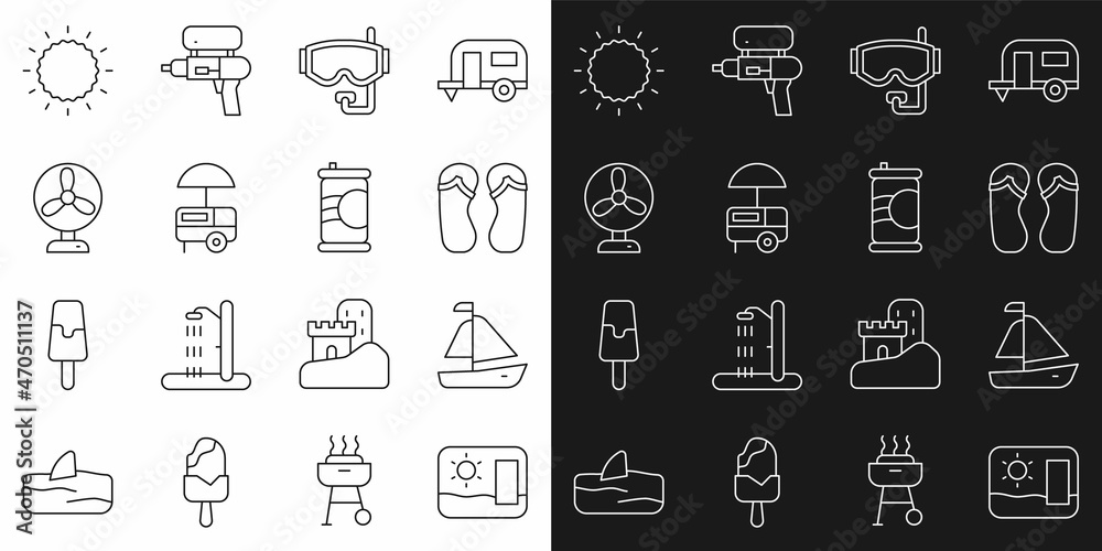 Set line Travel postcard, Yacht sailboat, Flip flops, Diving mask, Fast street food cart, Electric fan, Sun and Soda can icon. Vector