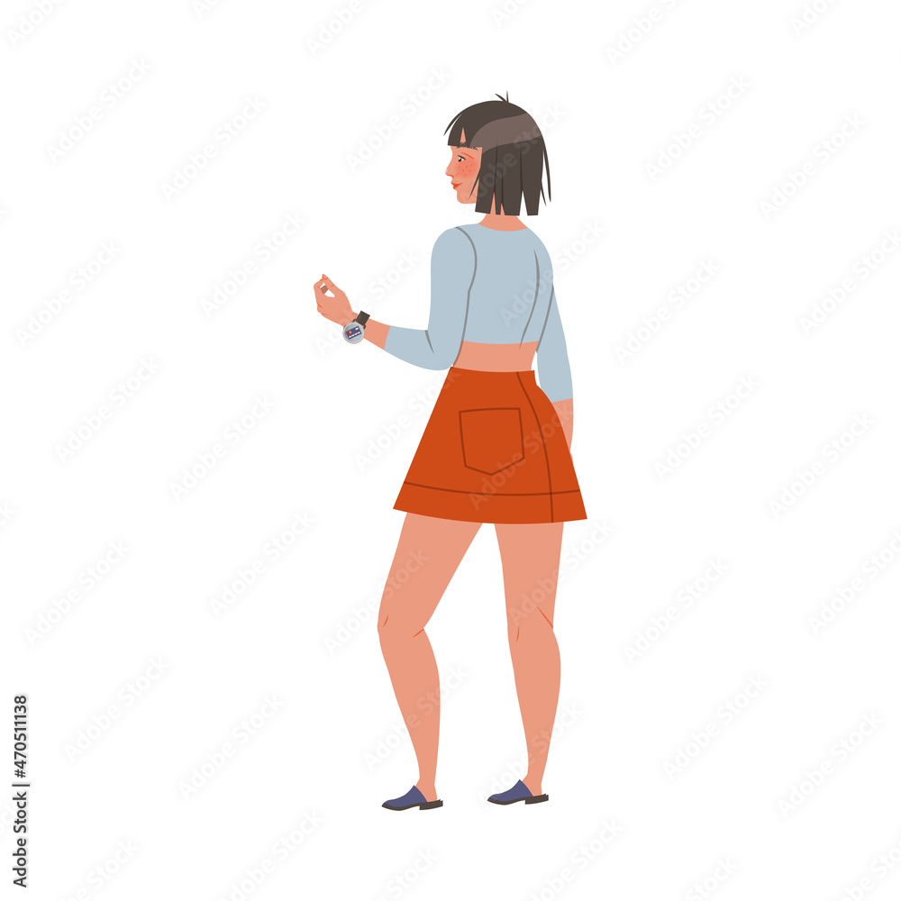 Girl making payment with smartwatch device, customer using contactless payment for buying cartoon vector illustration Girl making payment with smartwatch device, customer using contactless payment for buying cartoon vector illustration