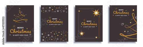 Merry Christmas and New Year 2022 brochure covers set. Xmas minimal banner design with abstract gold festive tree and snowflakes patterns. Vector illustration for flyer, poster or greeting card