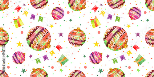 Christmas balls, gifts and flags seamless pattern of watercolor hand painted illustration on white background 