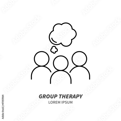 Group therapy line icon concept. Group of people discussing on psychotherapy session outline stroke element. Psychologist counseling. Anxiety, disorder, depression. Editable stroke vector illustration