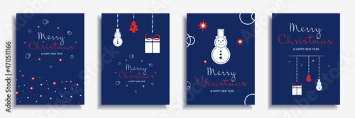 Merry Christmas and New Year 2022 brochure covers set. Xmas minimal banner design with hanging snowmans, festive trees, gifts and star patterns. Vector illustration for flyer, poster or greeting card