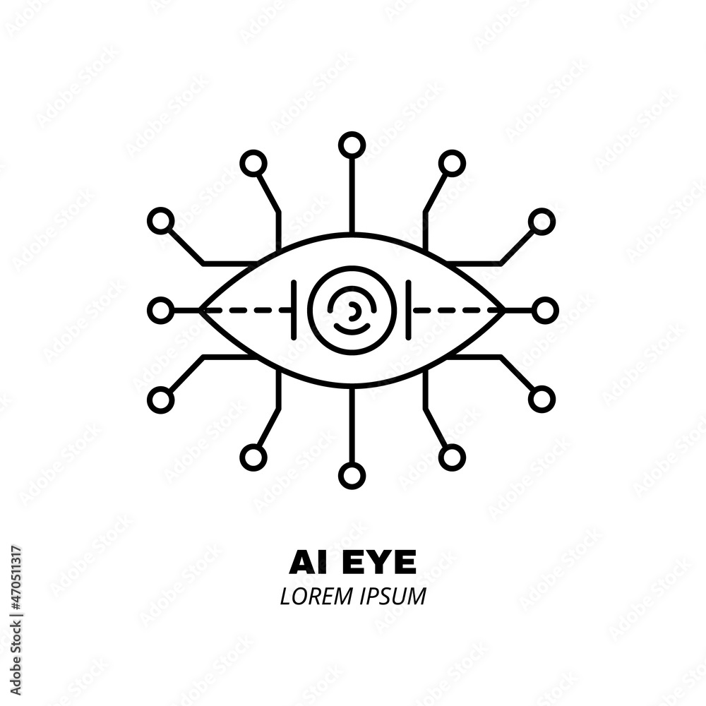 Obraz premium Artificial intelligence and machine learning line icon. AI eye robotic. Simple thin outline pictogram. AI concept. Innovative robotic technology element. Cpu,cloud. Editable stroke vector illustration