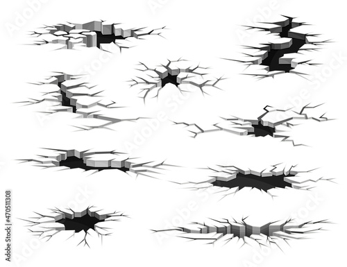 Fractures on land surface set. Black faults on ground  disaster or drought crevices vector illustration