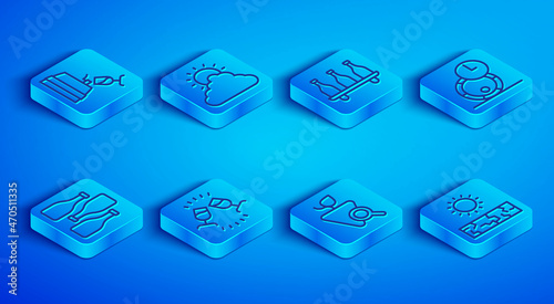 Set line Wine tasting, degustation, Sun and cloud weather, Bottle of wine, Grapes, Wooden barrel for, Bottles and Drought icon. Vector