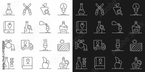 Set line Wine in italian fiasco bottle, Vineyard wine grapes, Old of, Grapes, Bottle, Book about, Decanter for and tasting, degustation icon. Vector