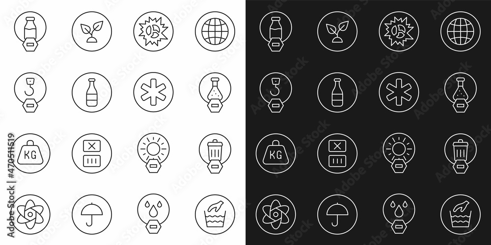 Set line Hand wash laundry, Trash can, Test tube flask, Bomb explosion, Bottle, Industrial hook, Lactose free and Medical symbol of the Emergency icon. Vector Set line Hand wash laundry, Trash can, Test tube flask, Bomb explosion, Bottle, Industrial hook, Lactose free and Medical symbol of the Emergency icon. Vector