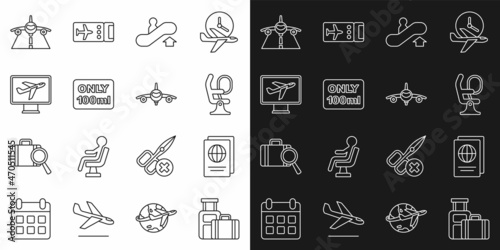 Set line Suitcase, Passport, Airplane seat, Escalator up, Liquids in carry-on baggage, Plane, and icon. Vector