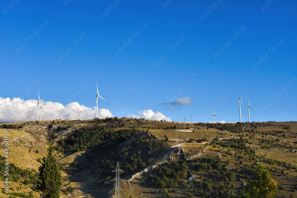 Wind turbines farm, renewable energy