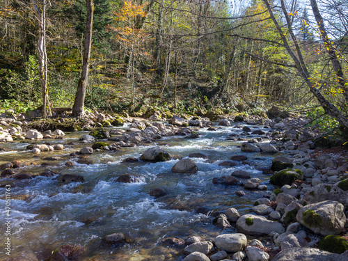 Autumn morning on a mountain river, a shallow riverbed with clear water and the rays of the sun illuminating the rocky bottom.