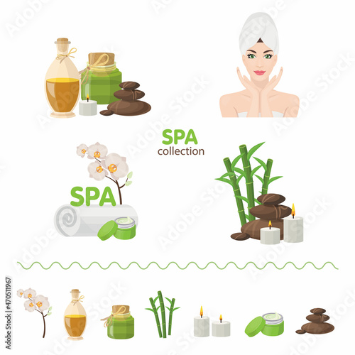 Spa icons with woman with towel, spa stones, bamboo branches, candles and bottles of oil. Vector illustration isolated on white background.