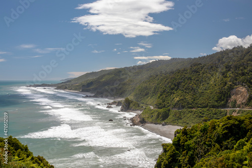 An aerial view of the western coastline of South Island, New Zealand.