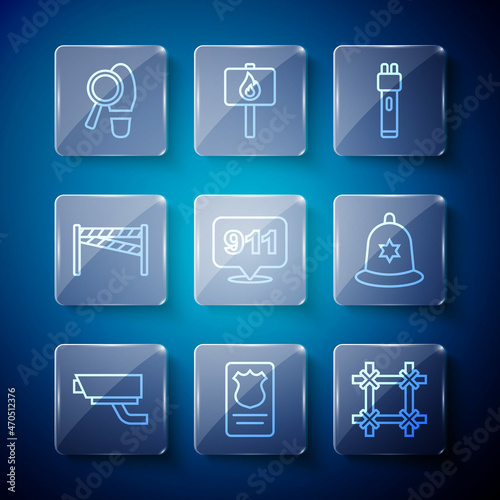 Set line Security camera, Police badge with id case, Prison window, electric shocker, Telephone call 911, Crime scene, Footsteps and British police helmet icon. Vector