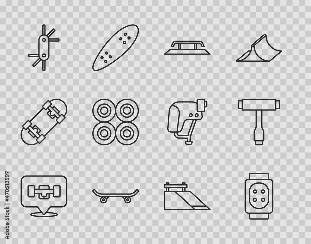 Set line Skateboard wheel, Knee pads, stairs with rail, Tool allen keys, park and tool icon. Vector Set line Skateboard wheel, Knee pads, stairs with rail, Tool allen keys, park and tool icon. Vector
