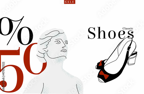 Vector illustration layout advertising shoe store discount of 50 percent. Sculpture is painted as a sign of classics and sandals. It can be used in landing page design, signage, discount cards, etc.