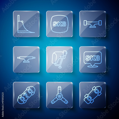 Set line Broken skateboard, Skateboard Y-tool, wheel, helmet, park and icon. Vector