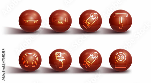 Set line Skateboard, Headphones, T tool, Longboard or skateboard, Action camera, wheel, and icon. Vector