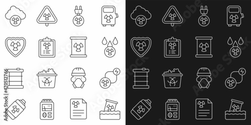 Set line Radioactive waste in barrel, exchange energy, Acid rain and radioactive cloud, Radiation electrical plug, warning document, shield, and icon. Vector