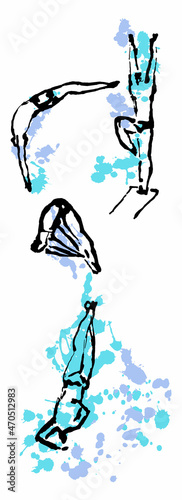 Vector hand drawn linear illustration with Athletes performing Acrobatic Actions, Poses when Jumping into the Water. Concept Professional and Amateur Sports in Diving, Summer Games, Competitions. Set.