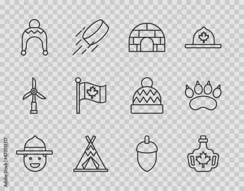 Set line Canadian ranger hat, Bottle of maple syrup, Igloo ice house, Indian teepee or wigwam, Winter, Flag Canada, Acorn and Bear paw footprint icon. Vector