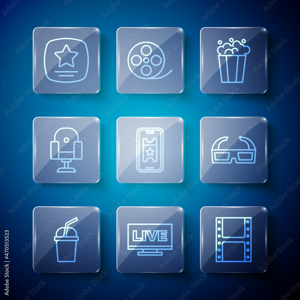 Set line Paper glass with water, Live stream, Play video, Popcorn in cardboard box, Buy cinema ticket online, Director movie chair, Walk of fame star and 3D glasses icon. Vector Set line Paper glass with water, Live stream, Play video, Popcorn in cardboard box, Buy cinema ticket online, Director movie chair, Walk of fame star and 3D glasses icon. Vector
