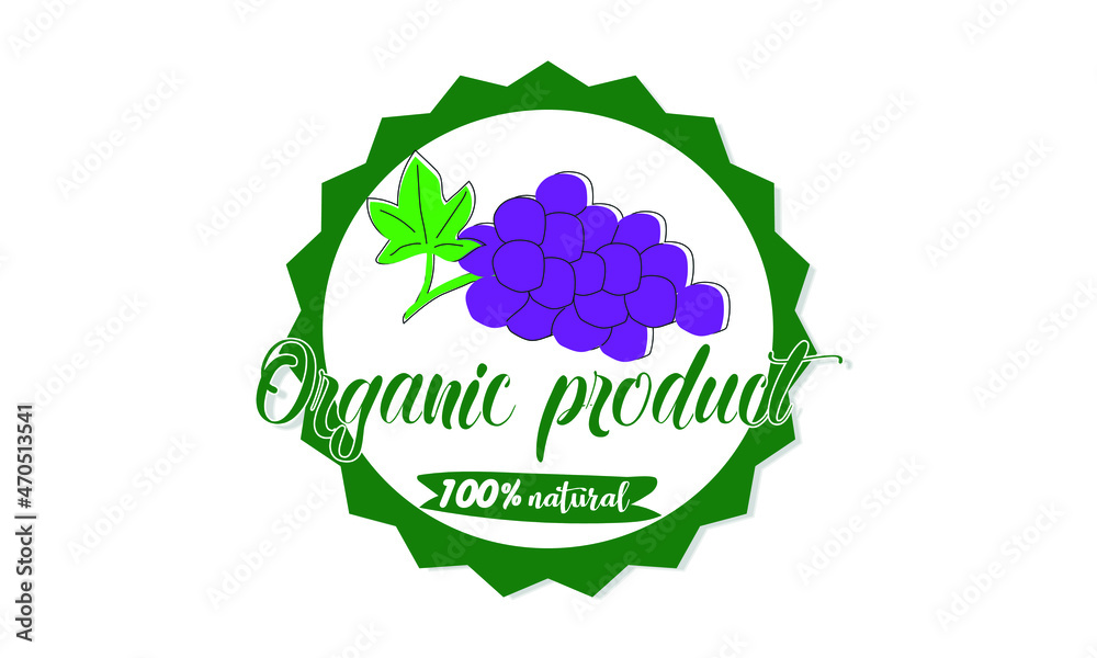 Logo of 100% natural organic product - grapes. The sign is suitable for packaging, eco organic product, business, food label design. Logo of 100% natural organic product - grapes. The sign is suitable for packaging, eco organic product, business, food label design.