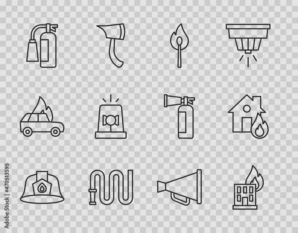Set line Firefighter helmet, in burning building, Burning match with fire, hose reel, extinguisher, Flasher siren, Megaphone and house icon. Vector Set line Firefighter helmet, in burning building, Burning match with fire, hose reel, extinguisher, Flasher siren, Megaphone and house icon. Vector
