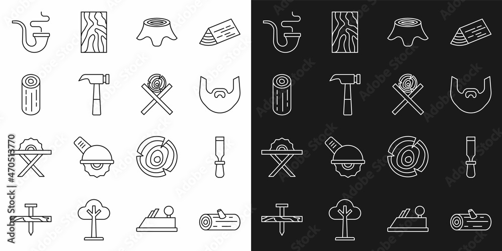 Set line Wooden logs, Chisel tool, Mustache and beard, Tree stump, Hammer, Smoking pipe and on stand icon. Vector
