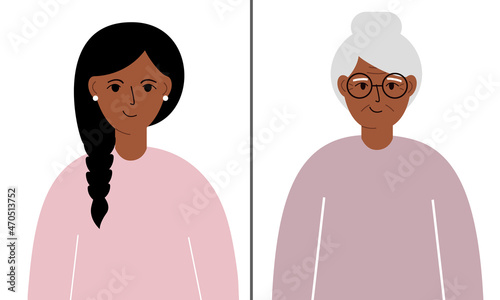 Young and Old woman Vector Concept Illustration. Normalizing gracefully aging process conceptual poster. Before and after concept