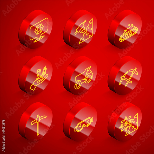 Set line Gem stone, Construction jackhammer, Conveyor belt carrying coal, Mining dump truck, Pickaxe, and Safety goggle glasses icon. Vector
