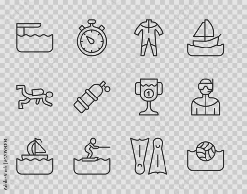 Set line Yacht sailboat, Water polo, Wetsuit for scuba diving, skiing man, Diving board springboard, Aqualung, Flippers swimming and icon. Vector