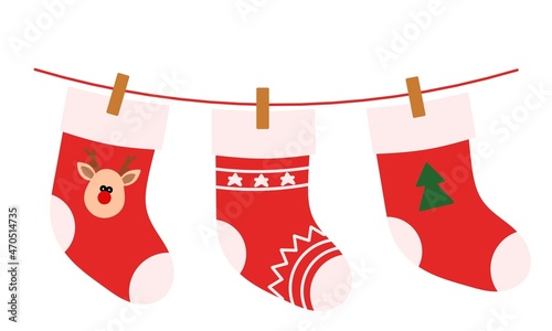 Cute set of Christmas socks. Christmas stockings for gifts are red with a pattern.