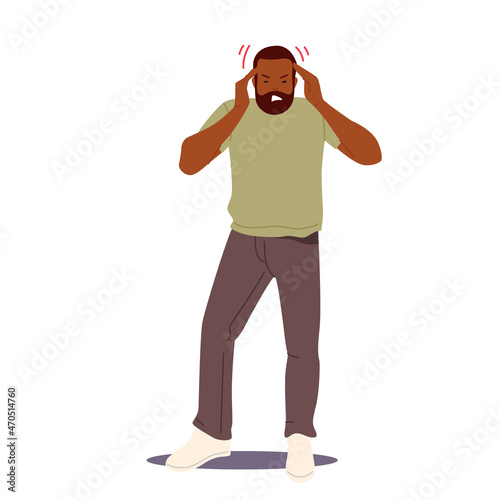 African Male Character Feeling Strong Head Ache, Man with Strong Pain. Health Problem, Disease Symptoms and Sickness