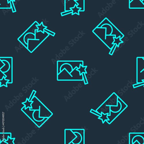 Green line Photo retouching icon isolated seamless pattern on blue background. Photographer, photography, retouch icon. Vector
