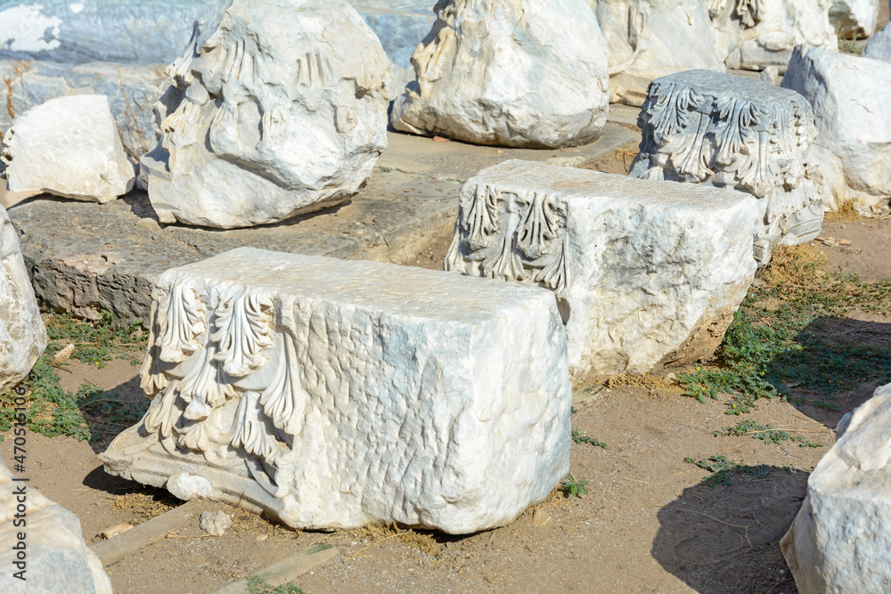 Fragments of the agora. Agora in the antique Side. Wall with a colonnade. Ruin. Manavgat. Turkey Fragments of the agora. Agora in the antique Side. Wall with a colonnade. Ruin. Manavgat. Turkey