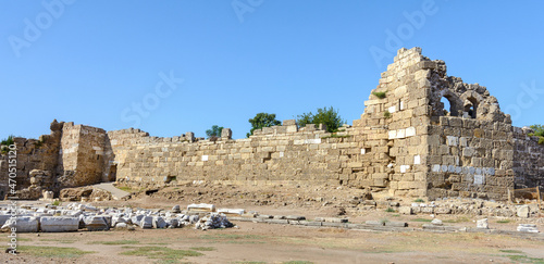 City wall. Fortress wall from the side of the sea. Ruin. Side. Manavgat. Turkey