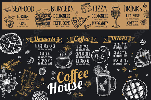 Coffee house menu. Restaurant cafe menu, template design. Food flyer. 