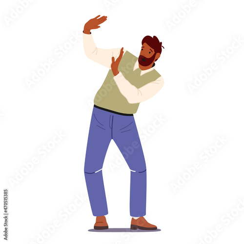 Fear, Shock, Psychological Problems Concept, Scared Male Character with Raised Hands Afraid of Something