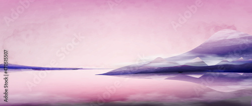 Minimalistic watercolor landscape with mountains and sea at sunset or sunrise. Art background in oriental style for design, print