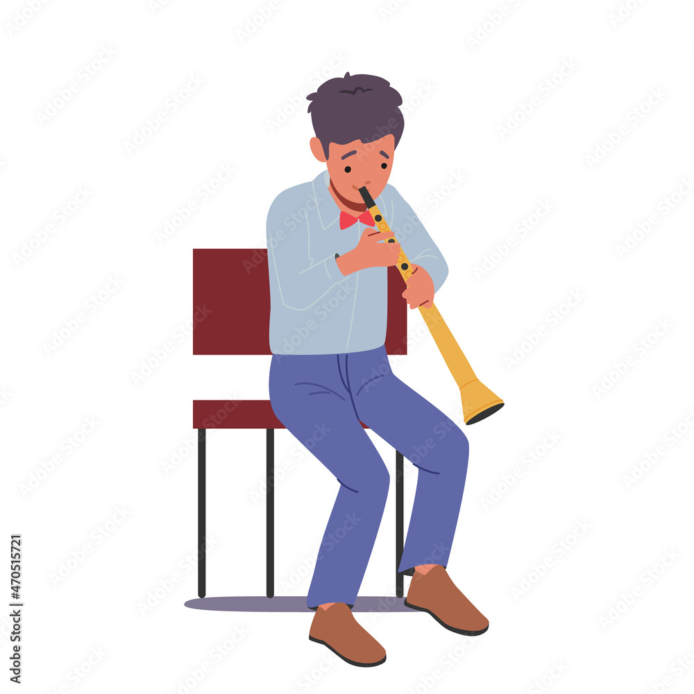 Little Boy Playing Bassoon Blowing Musician Composition. Child Playing, Training in Music School or Performing Concert