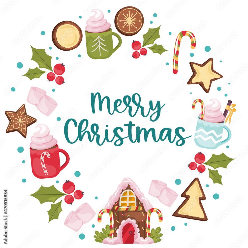 Christmas round design with text merry christmas, gingerbread house on white background. Gingerbread cookie, cocoa with marshmallow and lollipop for holiday decorations. Vector illustration