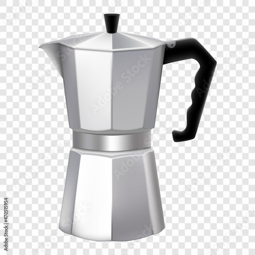 Italian metallic coffee maker isolated on white. Mocha coffee pot for making espresso coffee. Geyser coffee maker, Retro espresso machine symbol design. 3d realistic vector illustration.