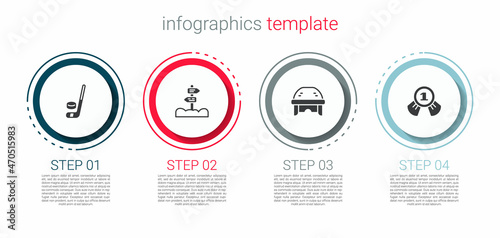 Set Ice hockey stick and puck, Road traffic signpost, Hockey helmet and Medal. Business infographic template. Vector